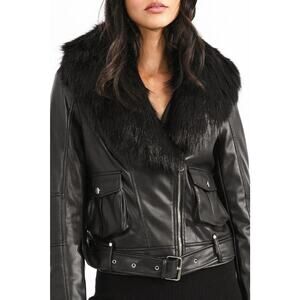 Faux Leather Moto Jacket with Removable Faux Fur Collar